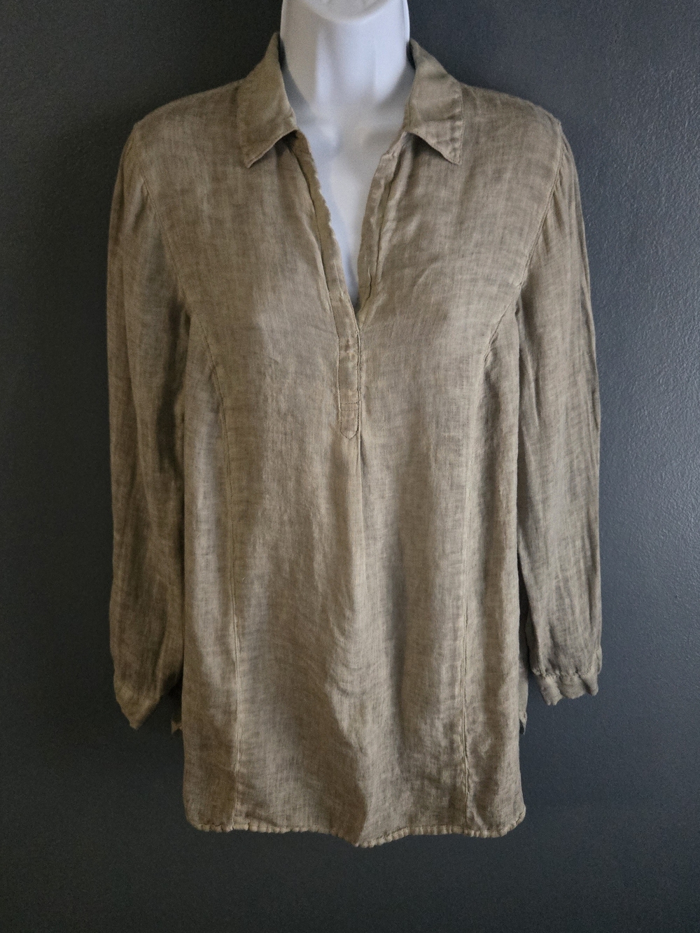 J. Jill Olive Green Linen V-Neck Lagenlook Coastal Grandmother Tunic Small